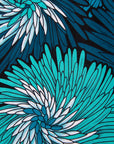 Close up display of turquoise, black, pacific blue, slate and white feathered spiral print dress