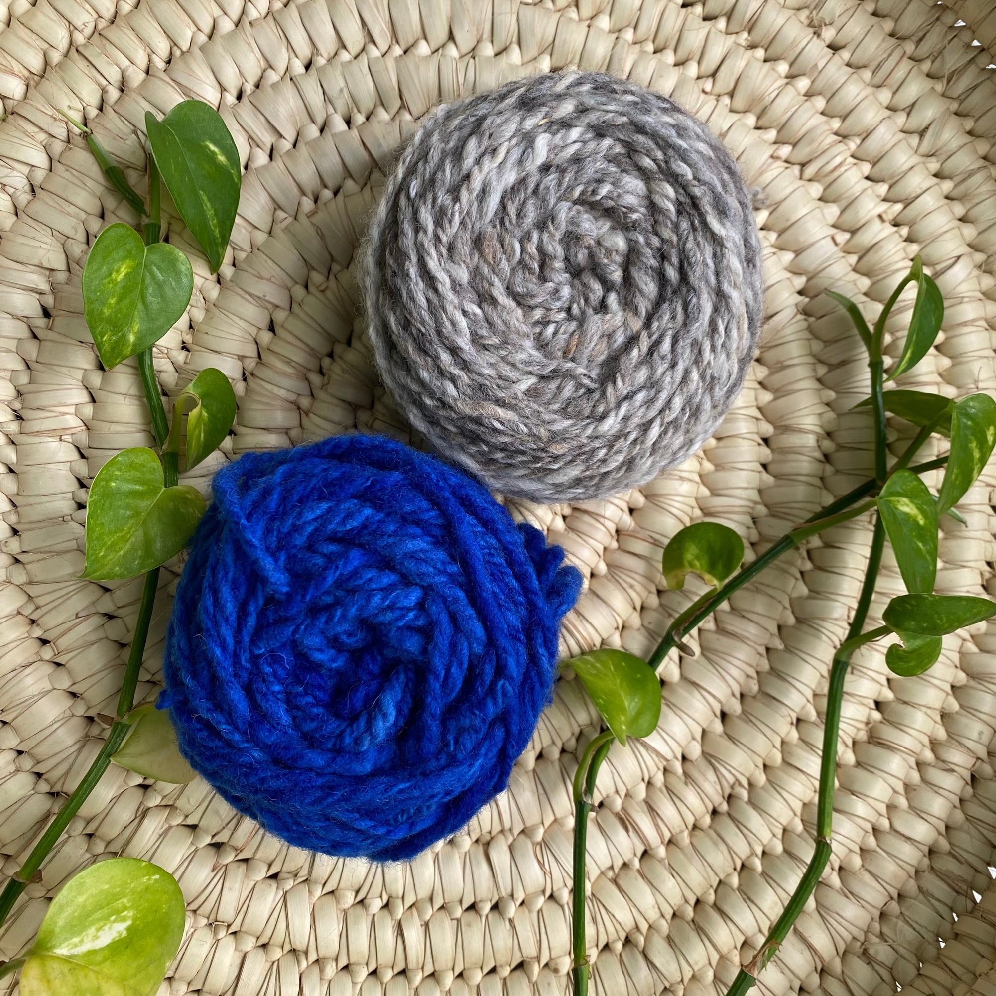 display of indigo and perl colored yarn