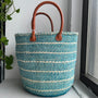 blue woven striped handle basket