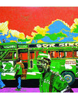 Green matatu with blue and yellow clouds