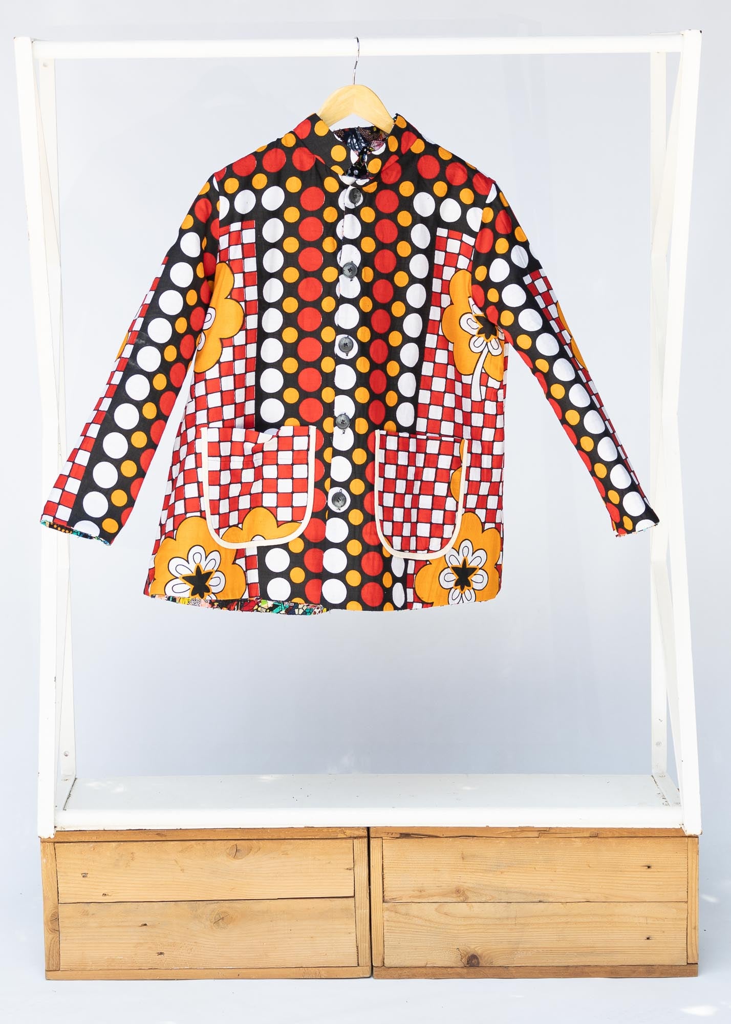 multicolor jacket on a rack