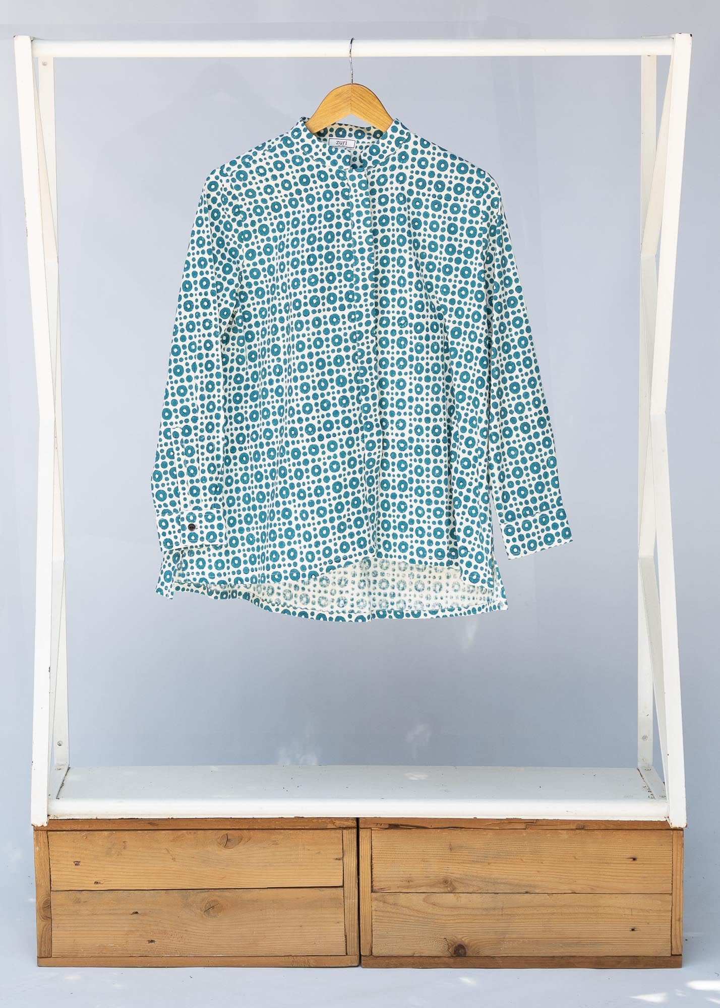 teal and white block printed long sleeved shirt