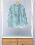 teal and white block printed long sleeved shirt