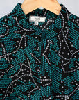 detail of teal printed shirt dress