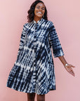 model wearing slate grey and white tie-dye dress