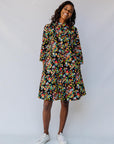 model wearing a multicolor print dress