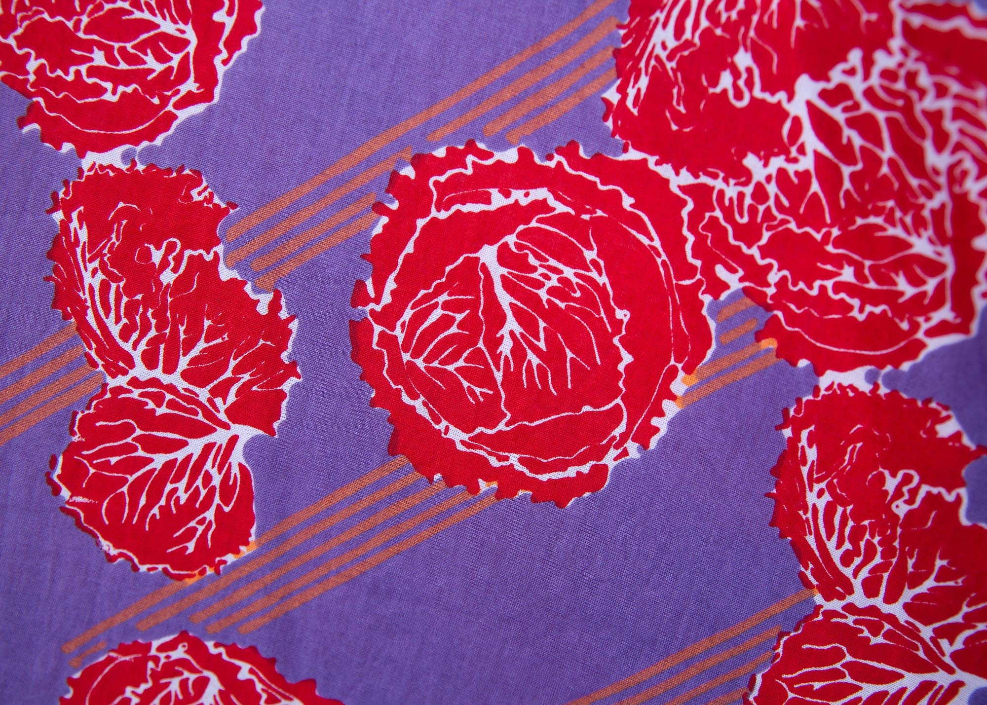 Close up display of violet dress with red and white cabbages 