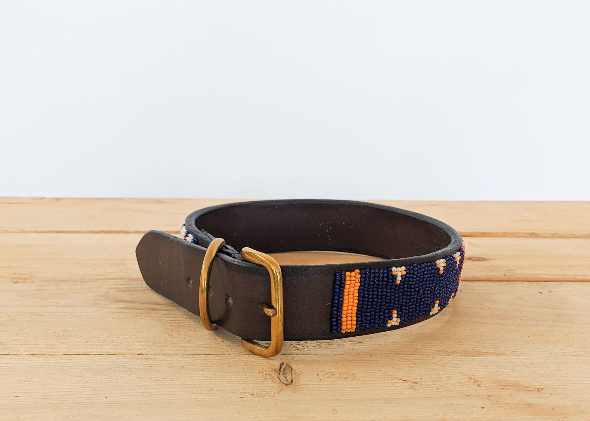 Blue, light blue, black and orange Masai beaded dog collar